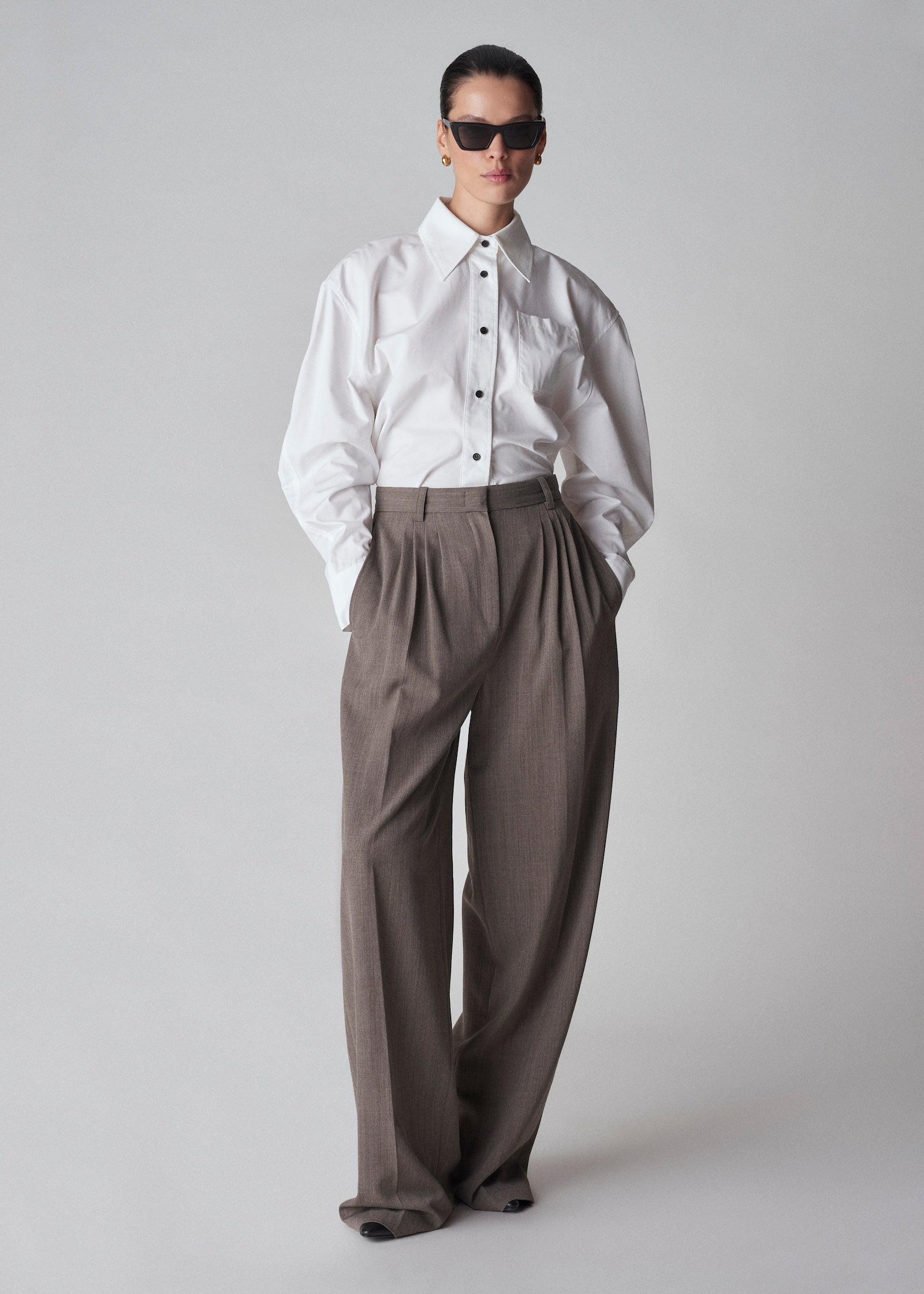 Pleated Barrel Trouser in Melange Suiting - Brown Multi