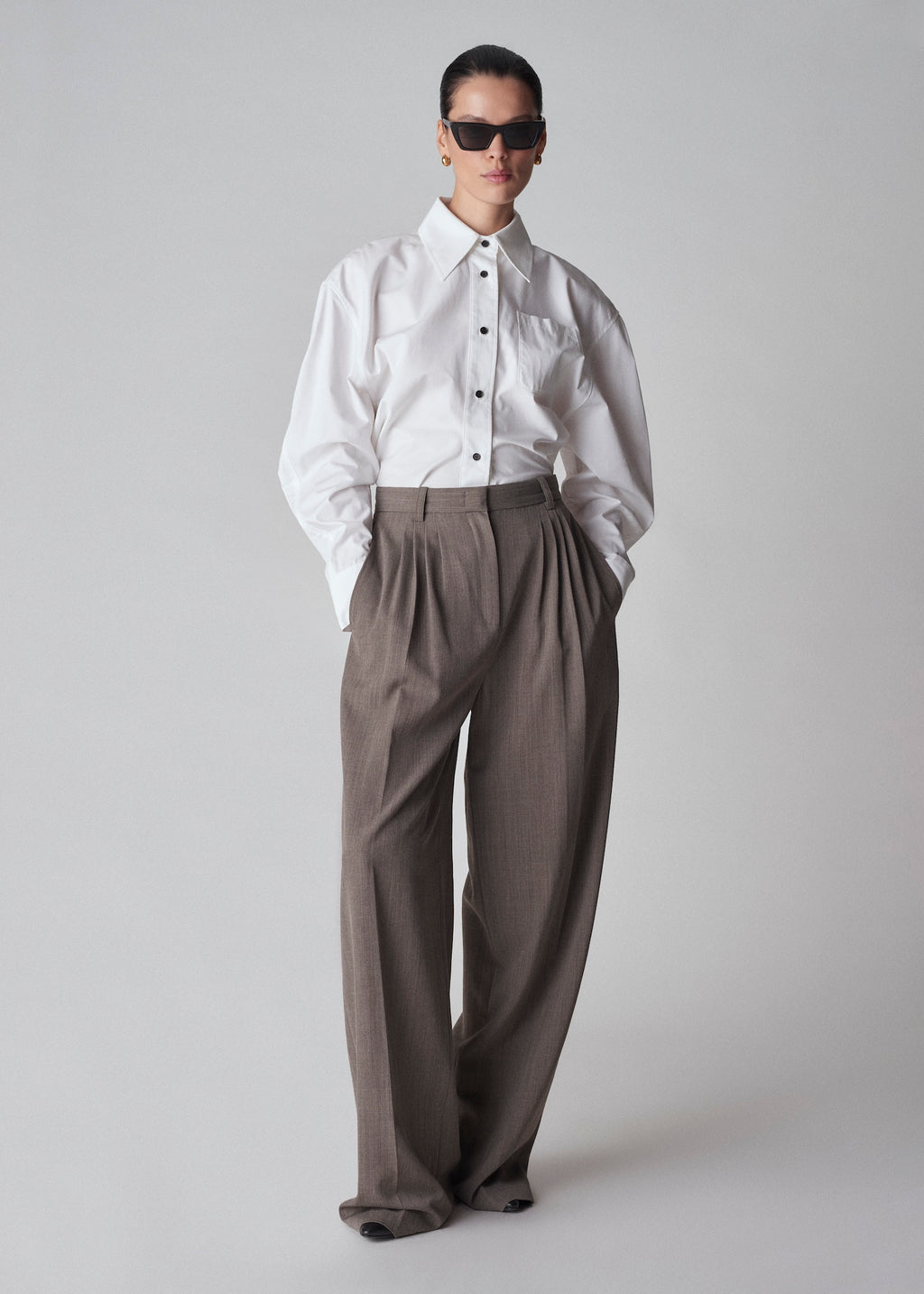 Pleated Barrel Trouser in Melange Suiting - Brown Multi - CO