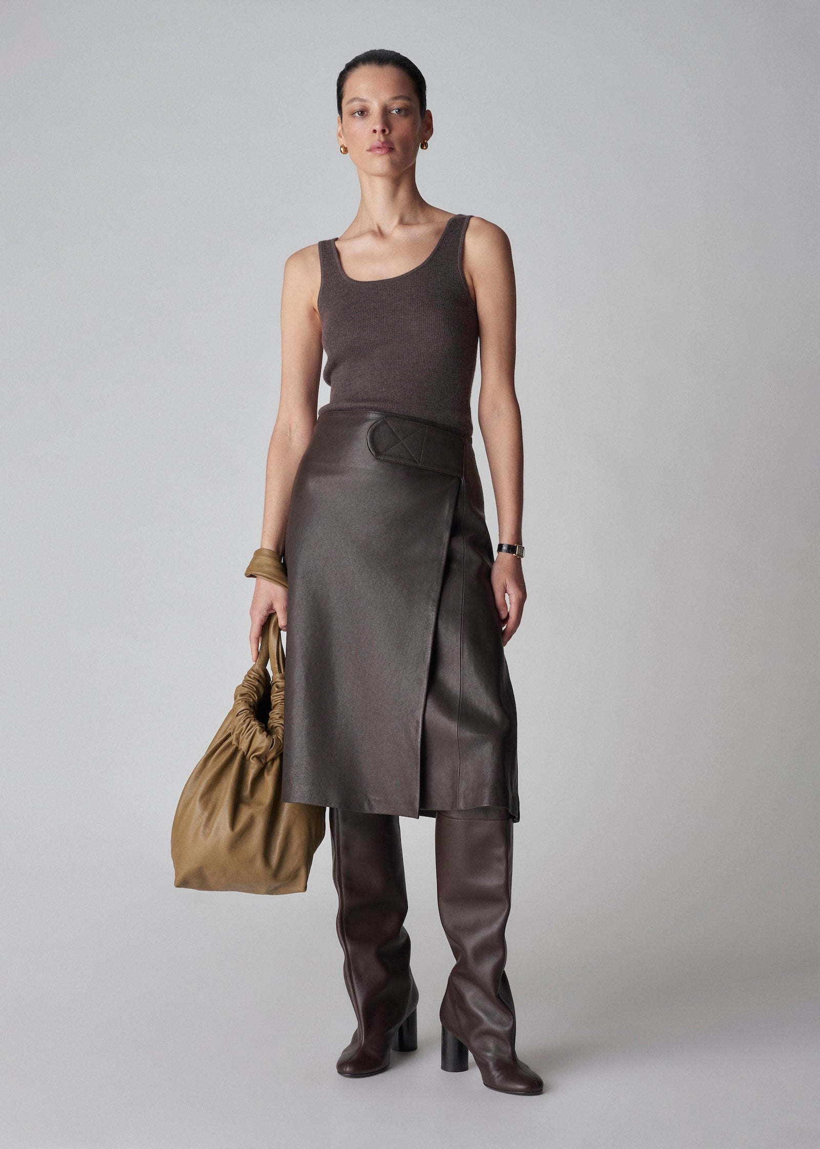 A-Line Wrap Skirt in Leather - Chocolate