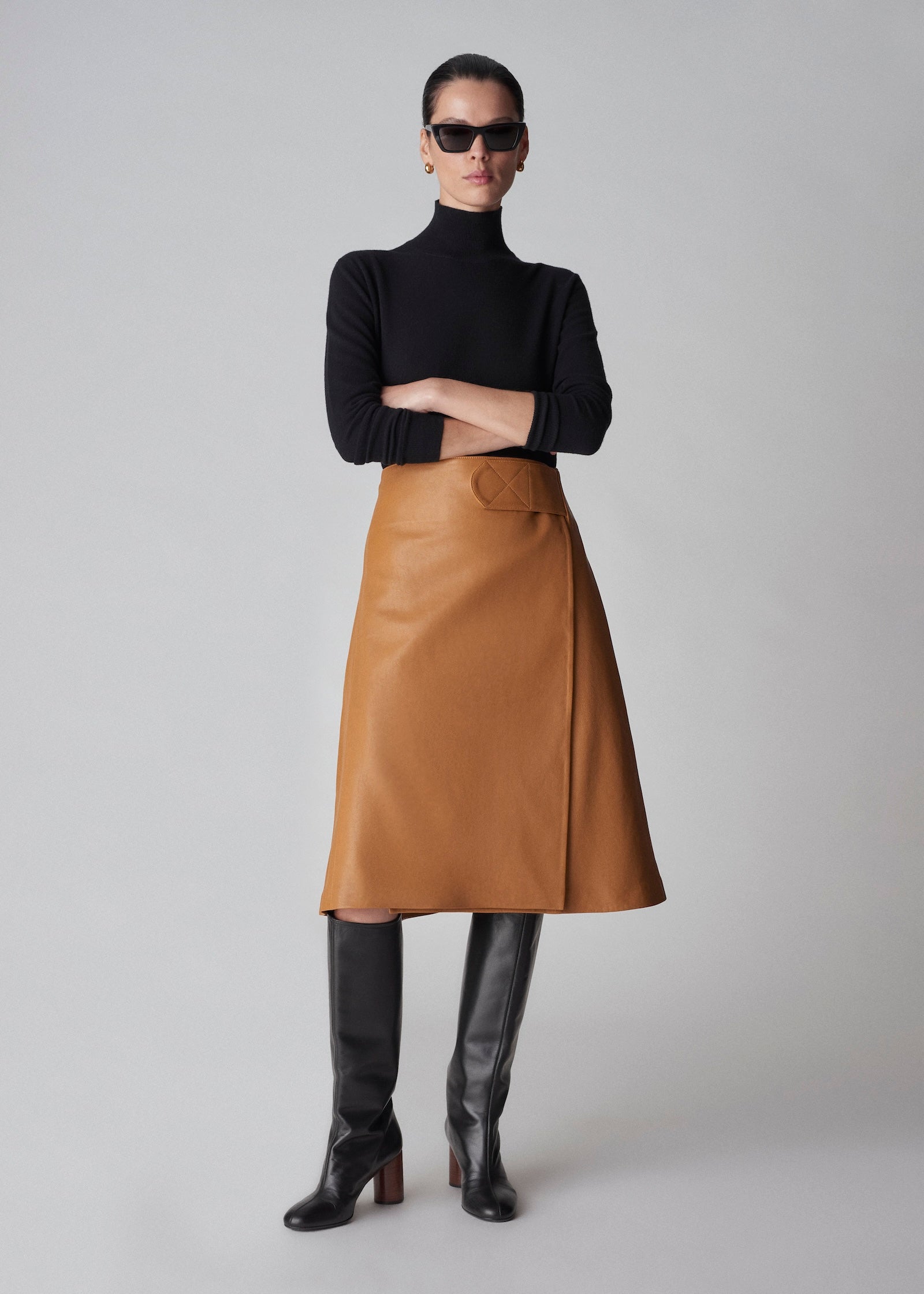 A-Line Wrap Skirt in Leather - Ochre