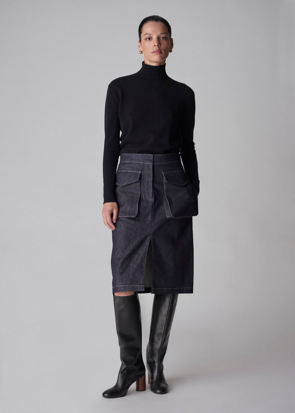 Knee Length Pencil Skirt in Raw Denim - Indigo - CO