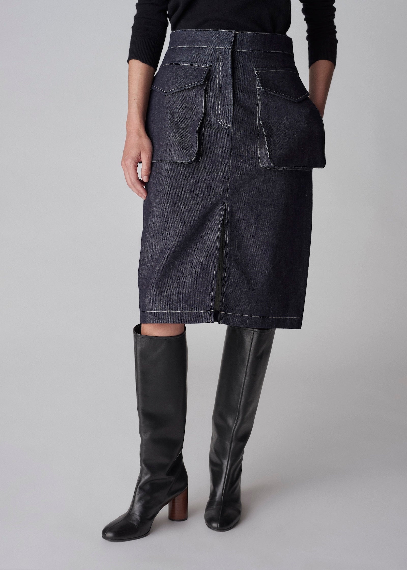 Knee Length Pencil Skirt in Raw Denim - Indigo - CO