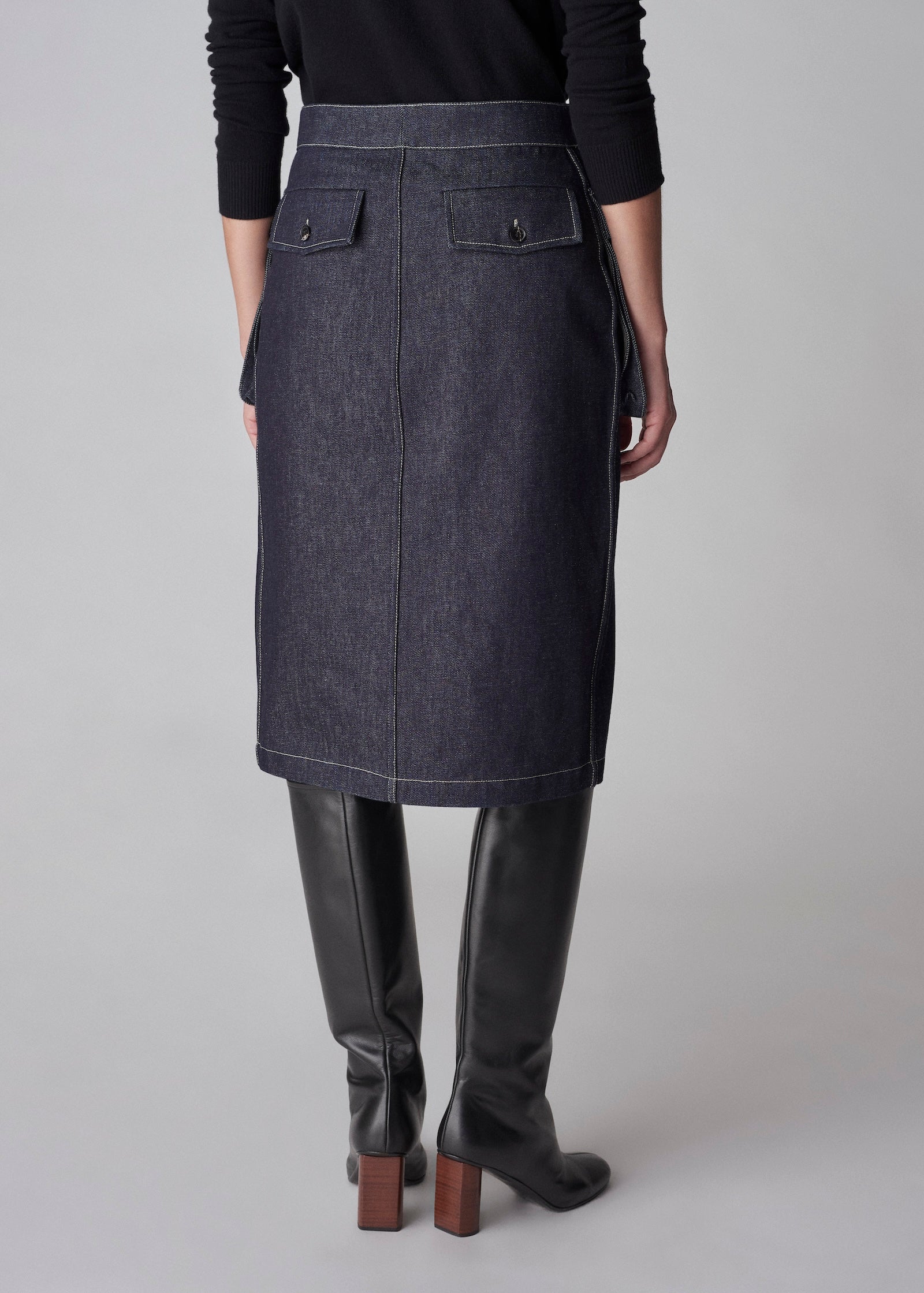 Knee Length Pencil Skirt in Raw Denim - Indigo