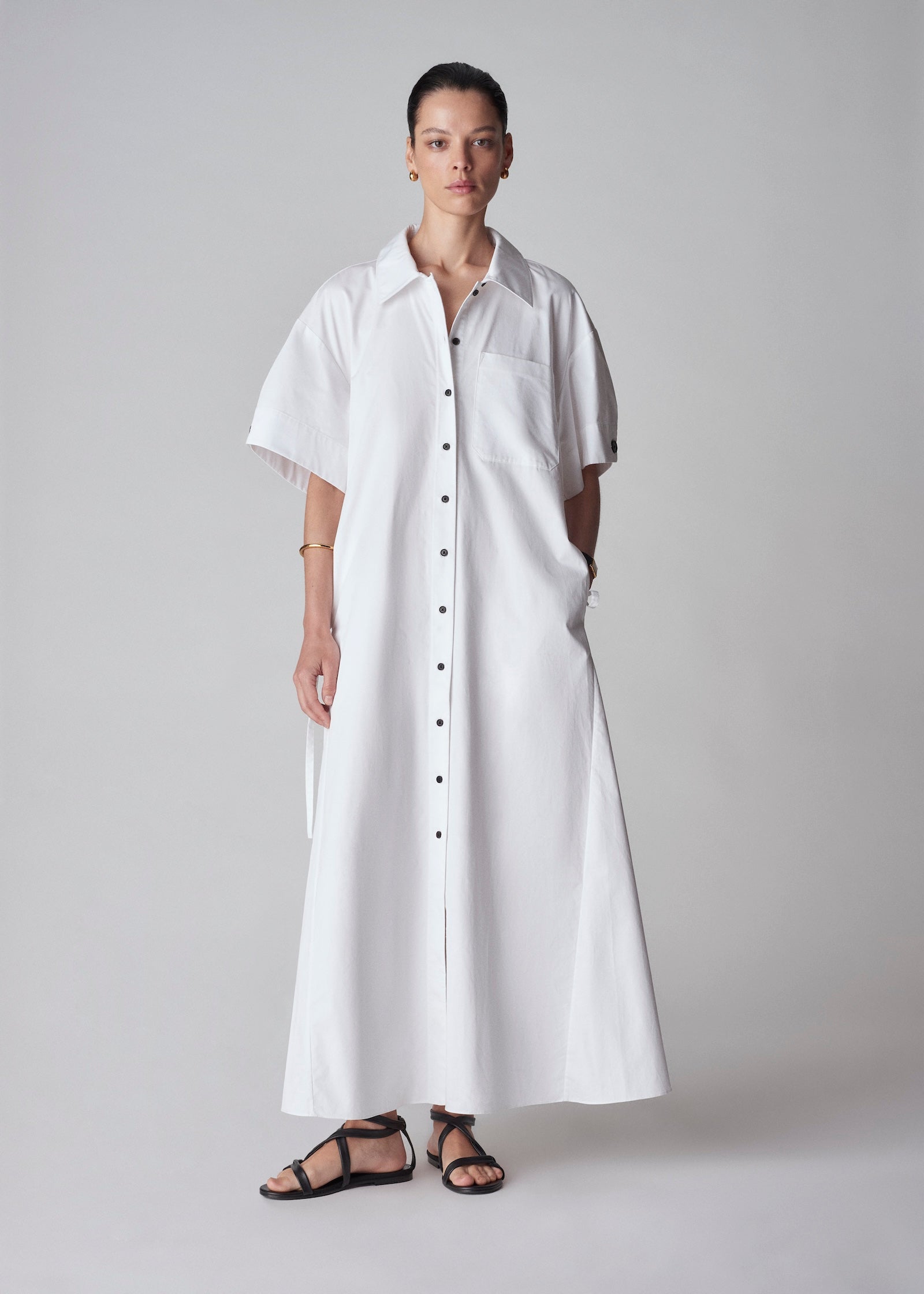 Short Sleeve Shirtdress in Cotton - White