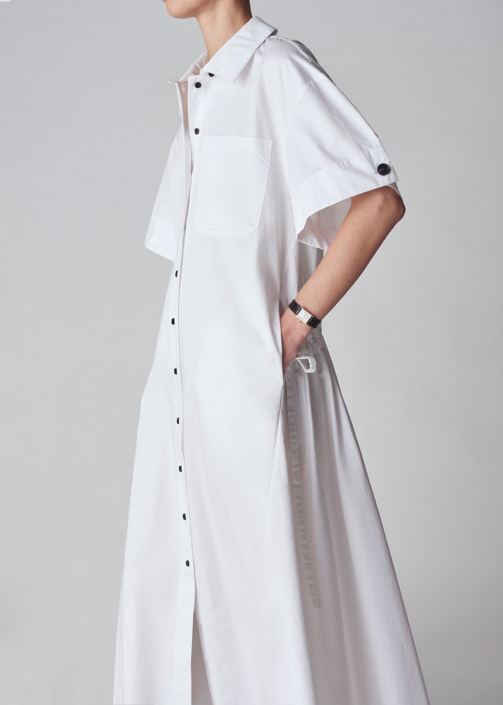 Short Sleeve Shirtdress in Cotton - White