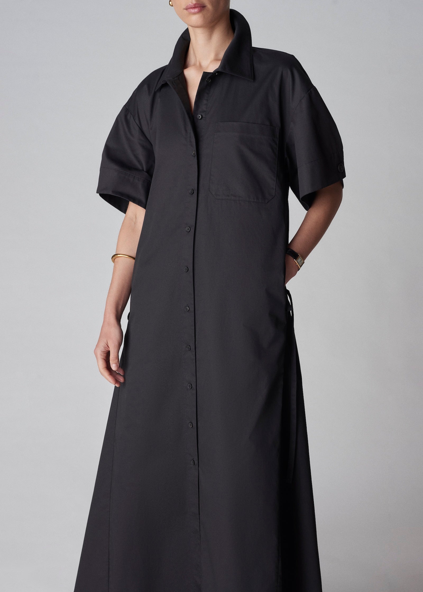 Short Sleeve Shirtdress in Cotton - Black