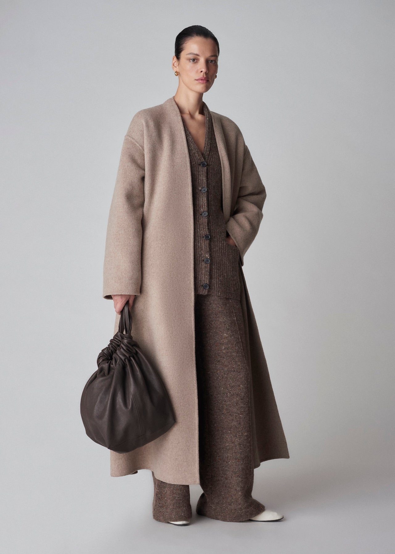 Wrap Coat in Double Faced Wool Cashmere - Taupe - CO
