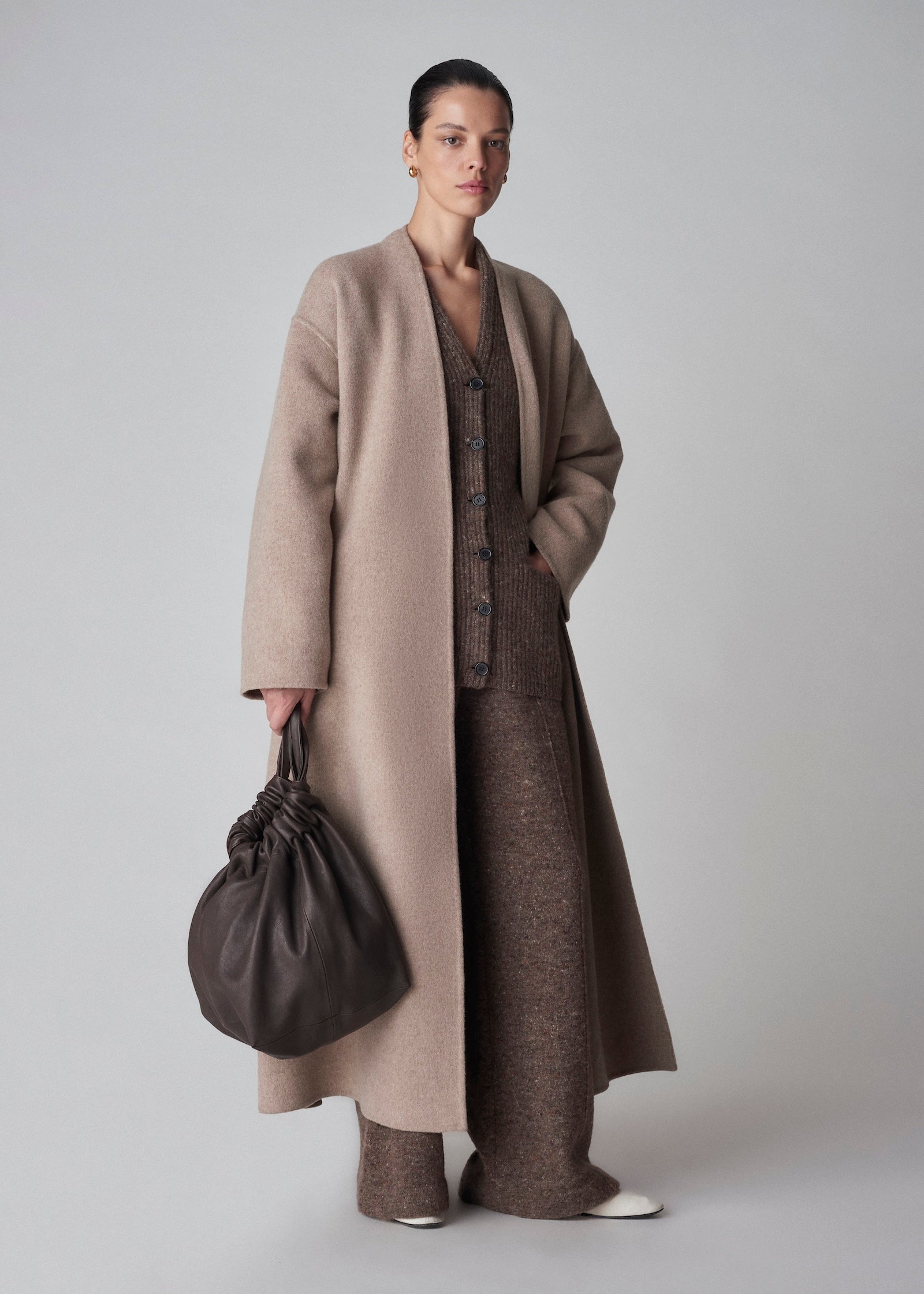 Wrap Coat in Double Faced Wool Cashmere - Taupe