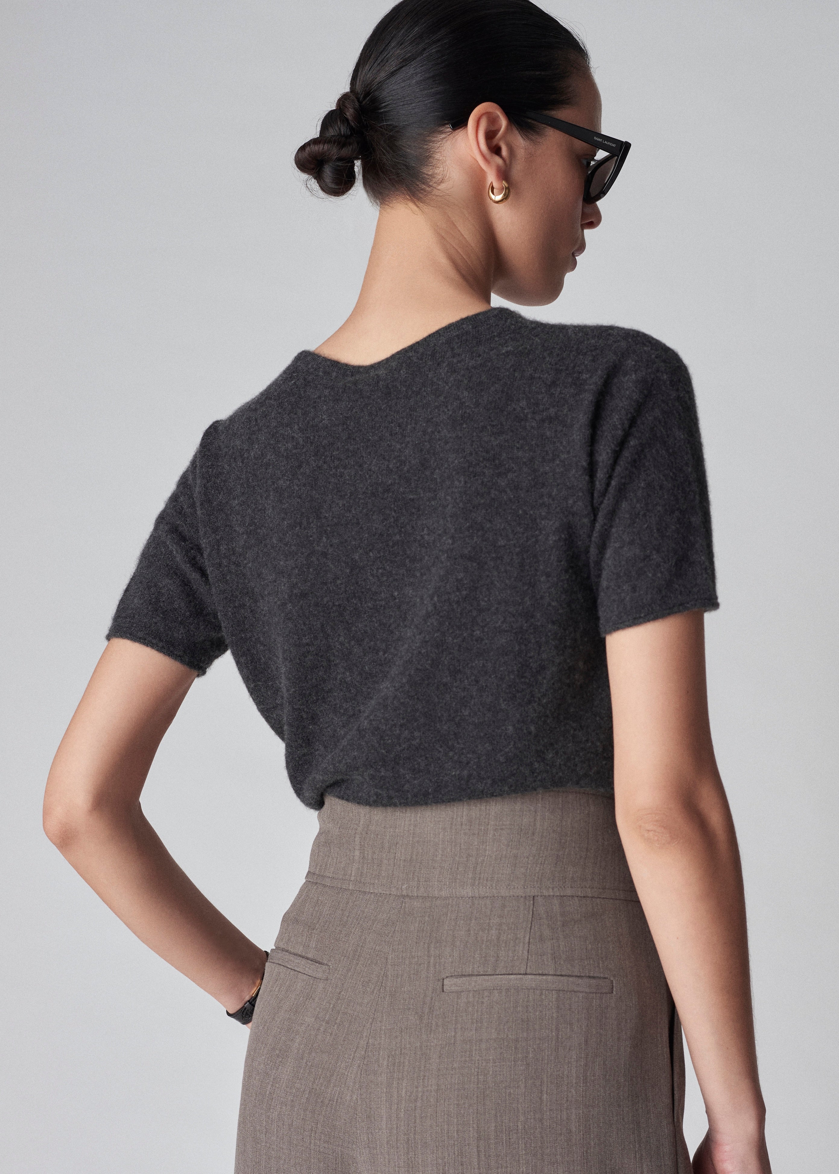 Short Sleeve Sweater Top in Cashmere Silk - Charcoal