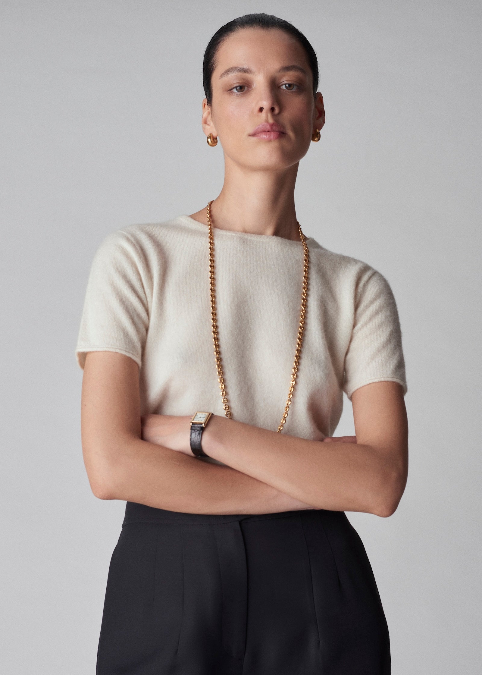 Short Sleeve Sweater Top in Cashmere Silk - Ivory