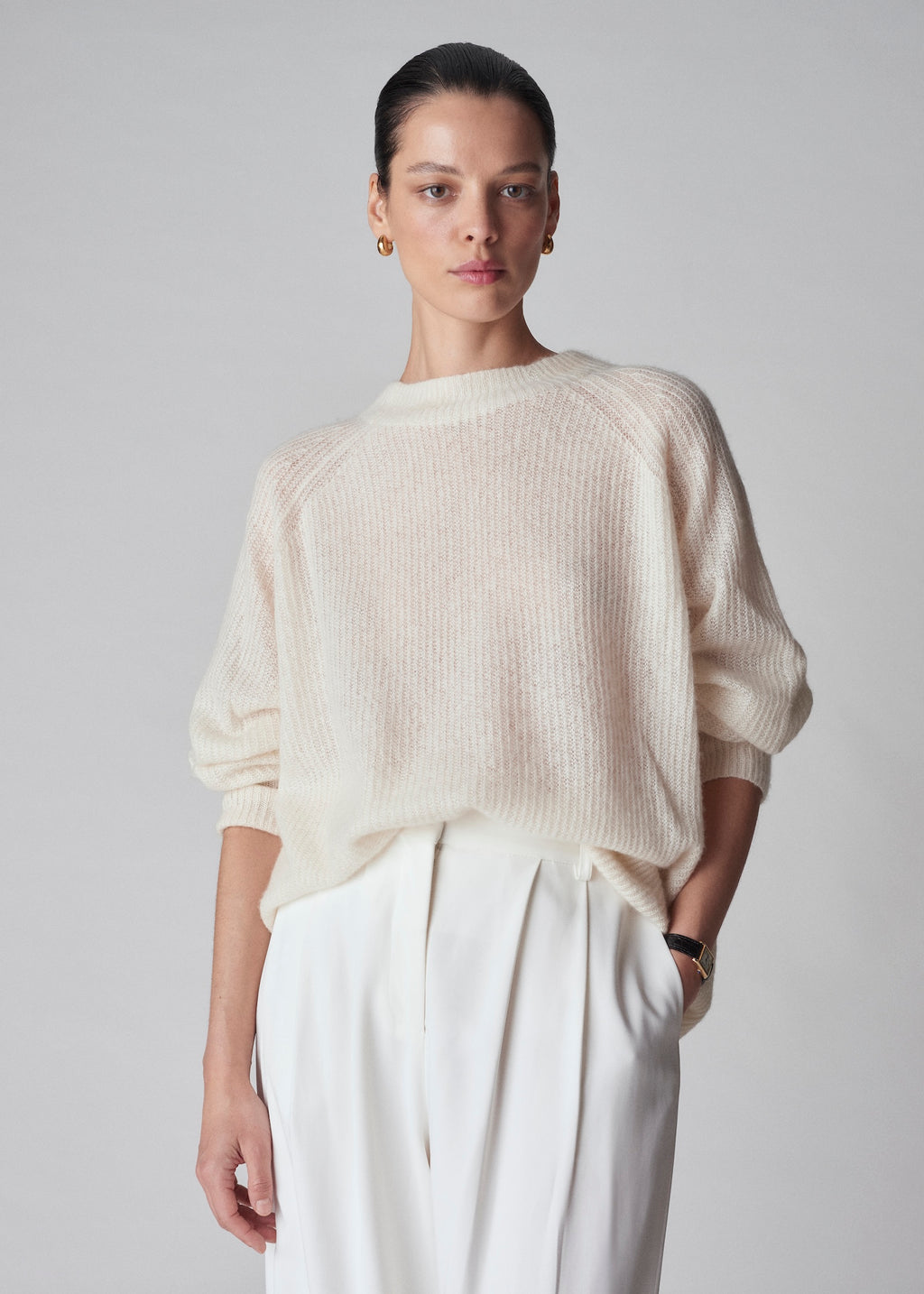 Loose Weave Raglan Crew in Cashmere Silk- Ivory - CO