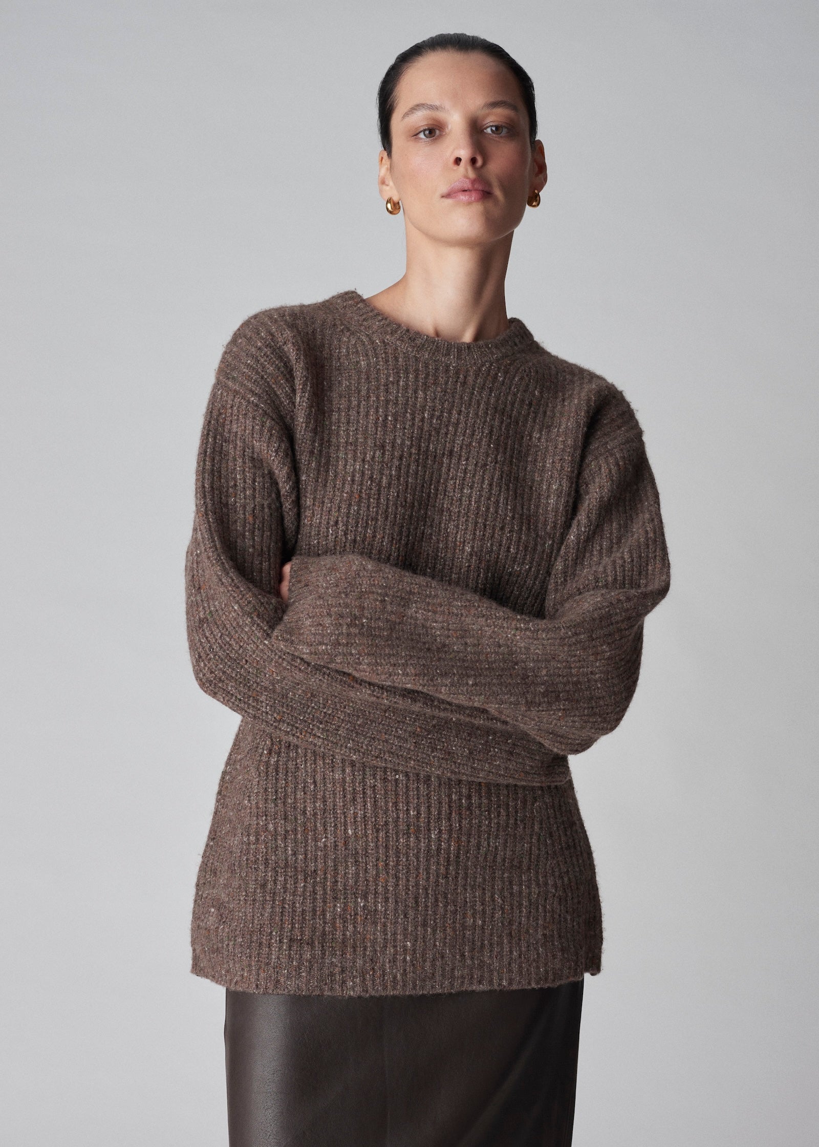 Hourglass Sweater in Tweed Knit - Brown Melange