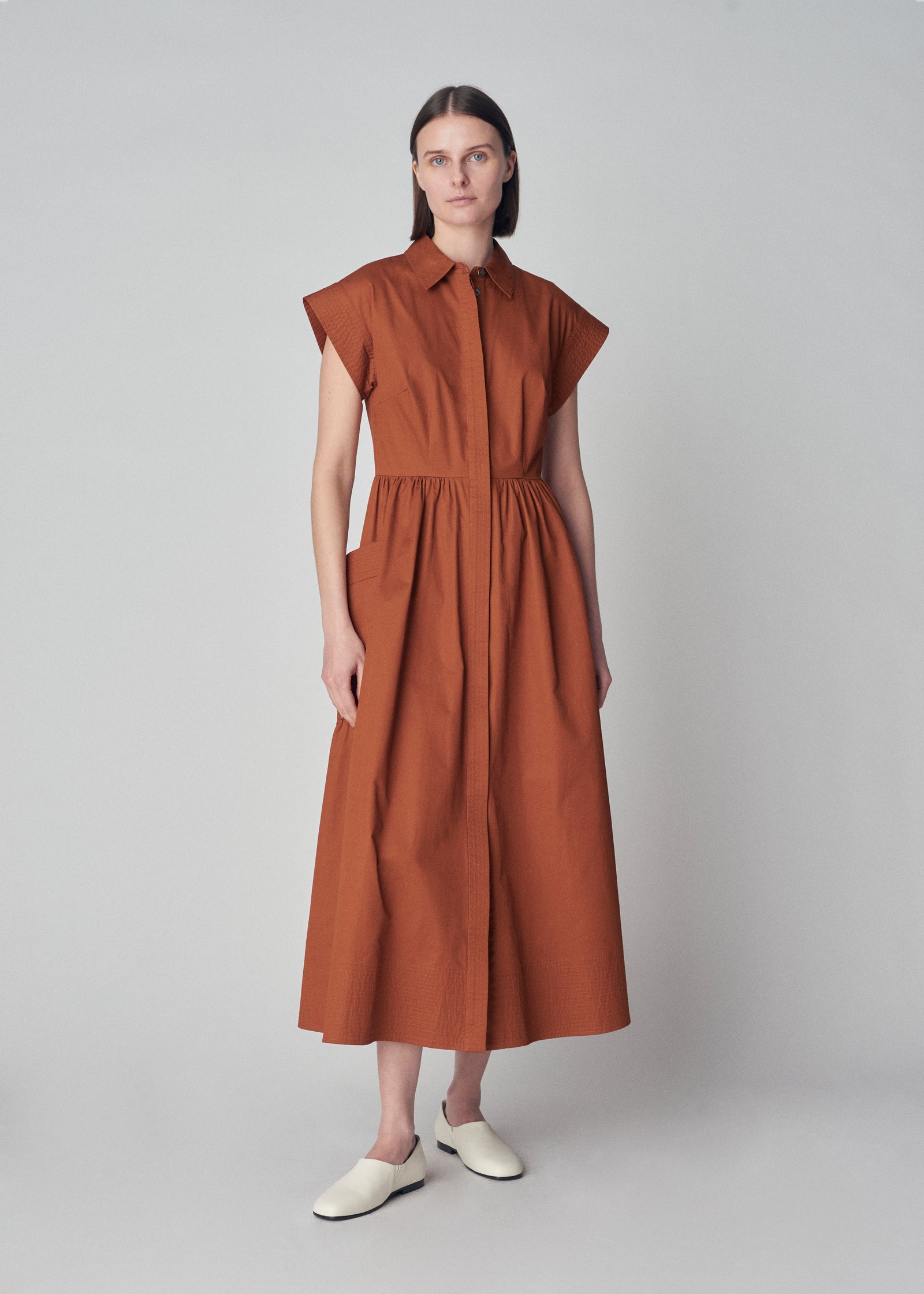 Cap Sleeve Dress in Cotton Poplin - Chestnut - CO Collections