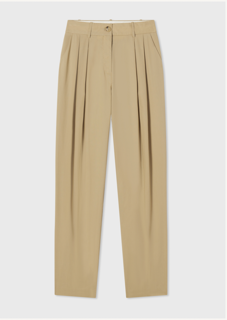 Pleated Tapered Pant In Cotton Poplin - Khaki - CO Collections