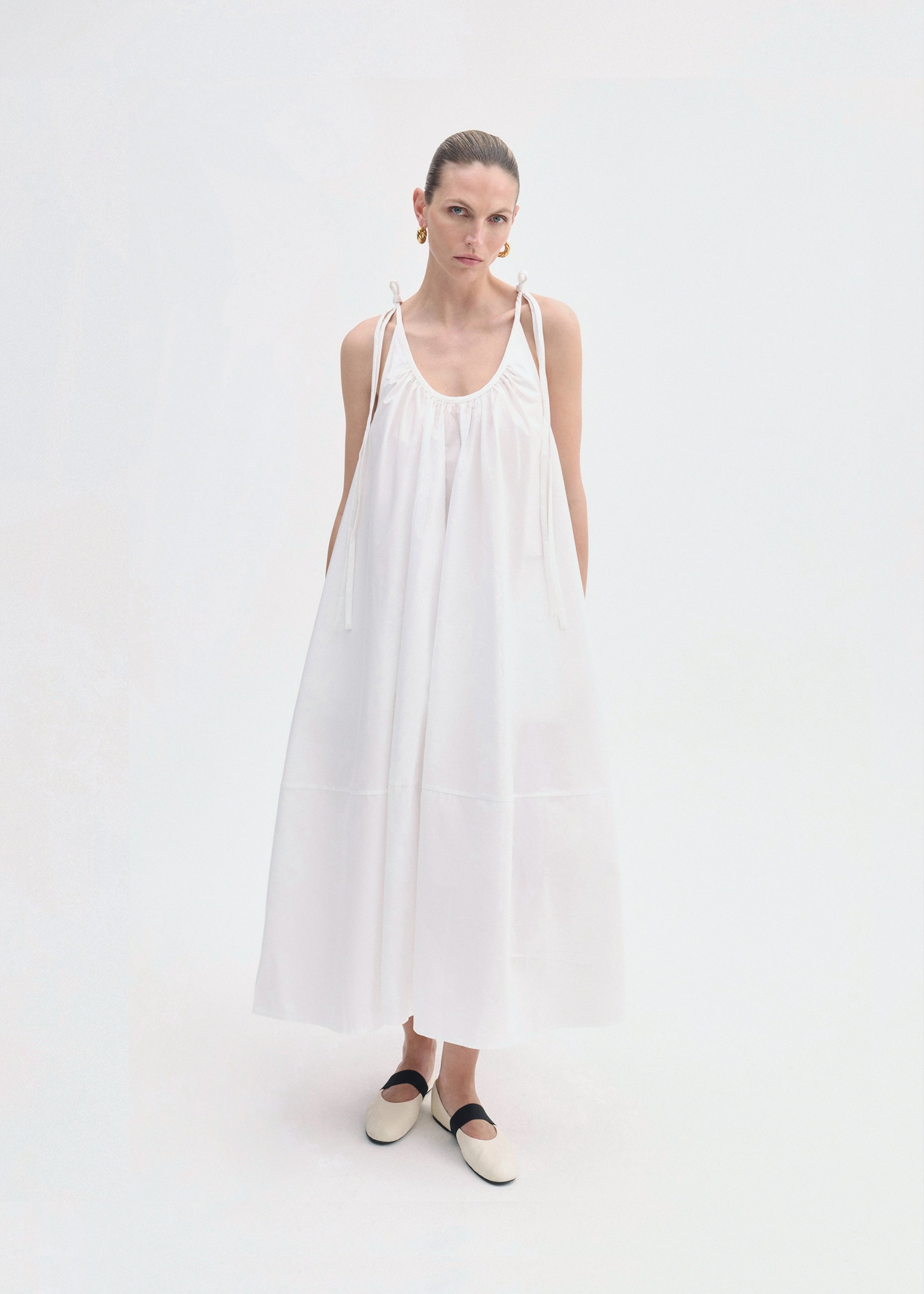 Gathered Halter Dress in Cotton Poplin - White
