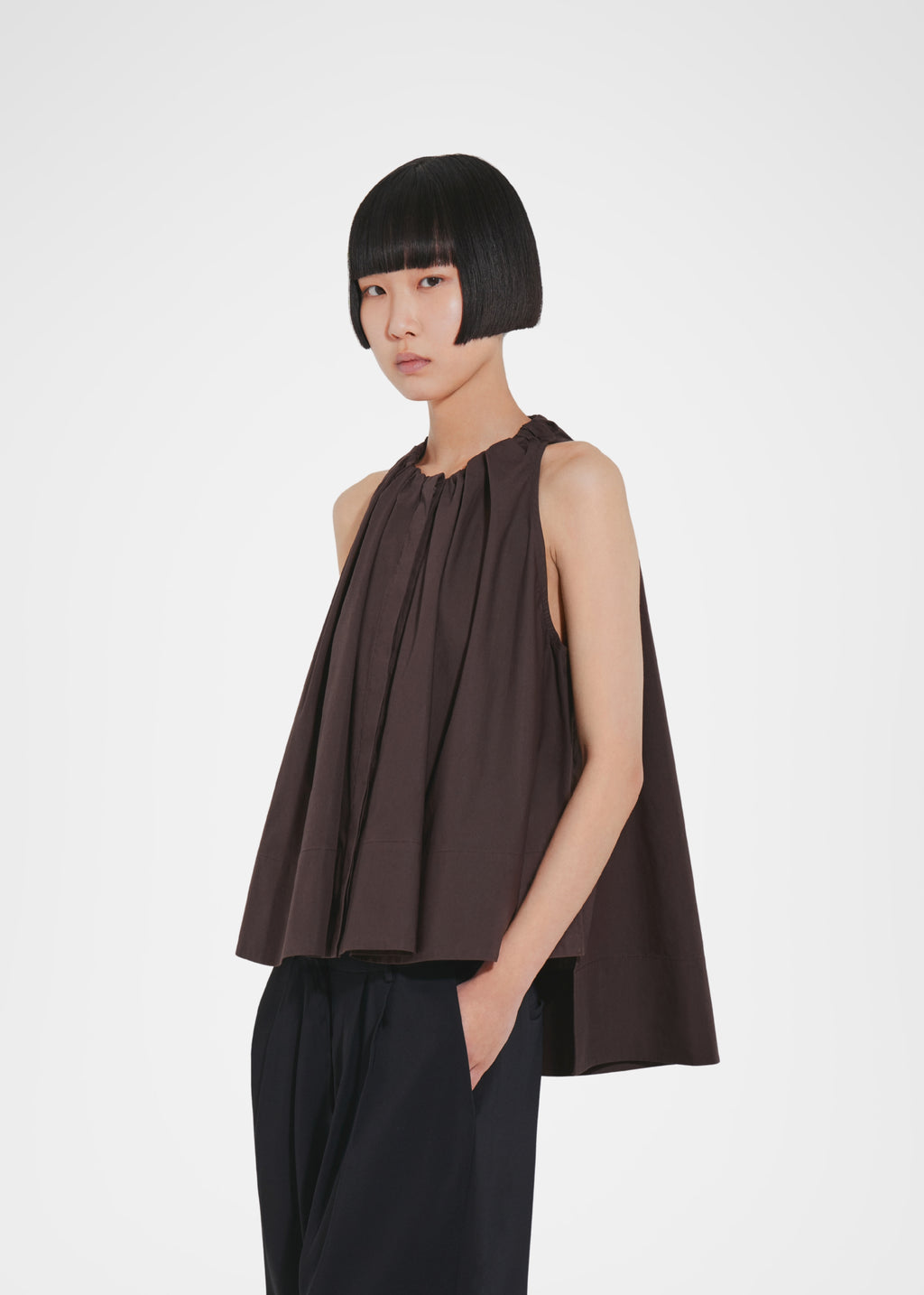 Gathered Tunic Shirt in Cotton Poplin - Chocolate - CO