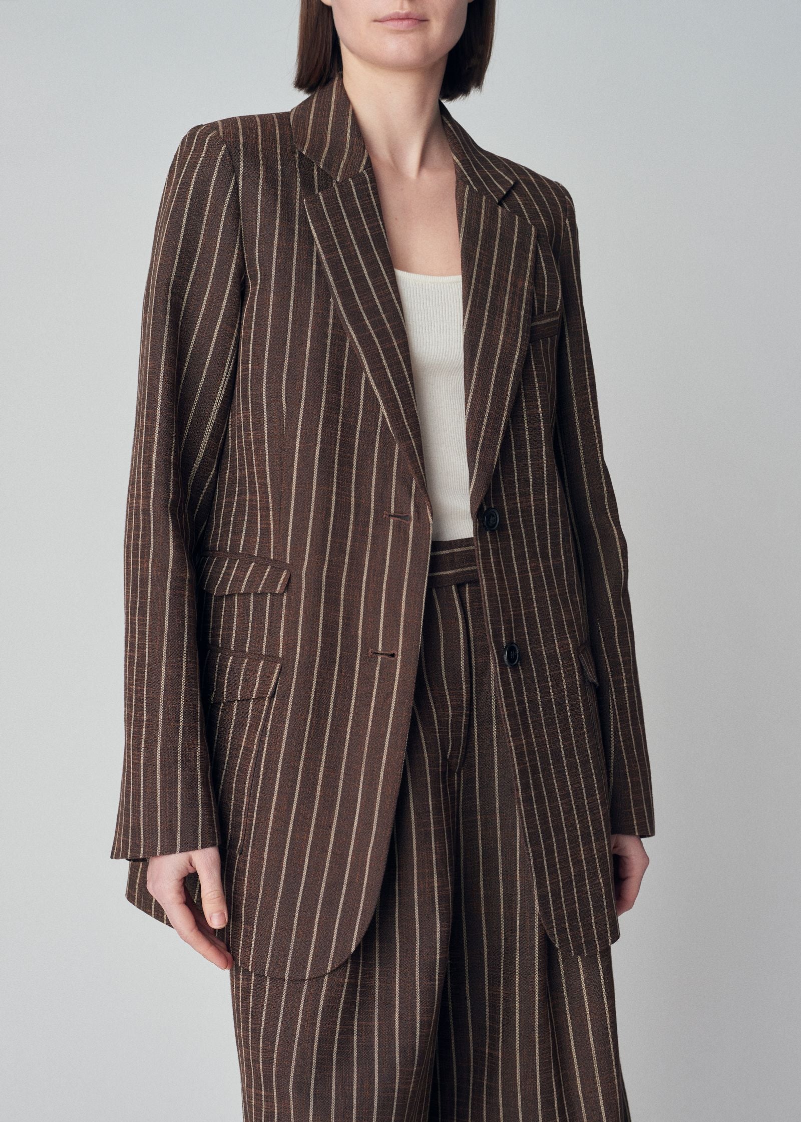 Classic Slim Fit Blazer in Linen - Brown Stripe - CO Collections