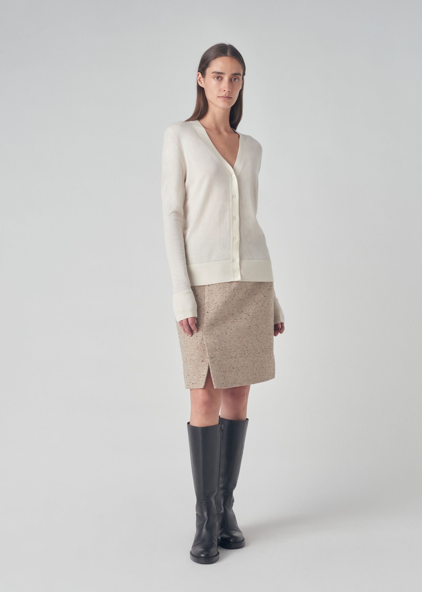 V Neck Cardigan in Fine Cashmere  - Ivory - CO Collections