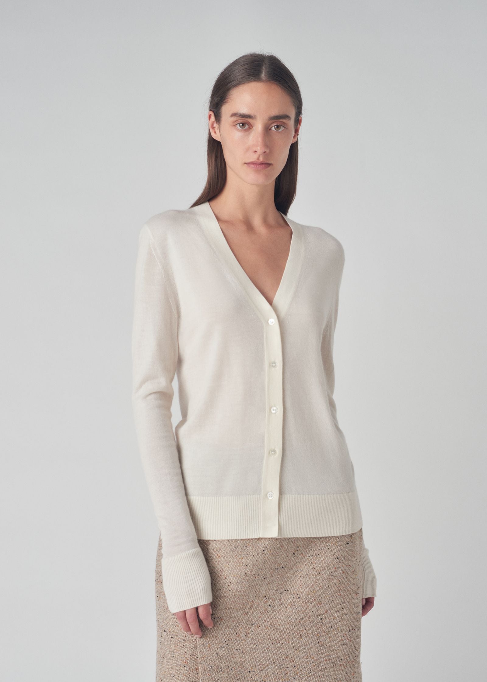 V Neck Cardigan in Fine Cashmere  - Ivory - CO Collections