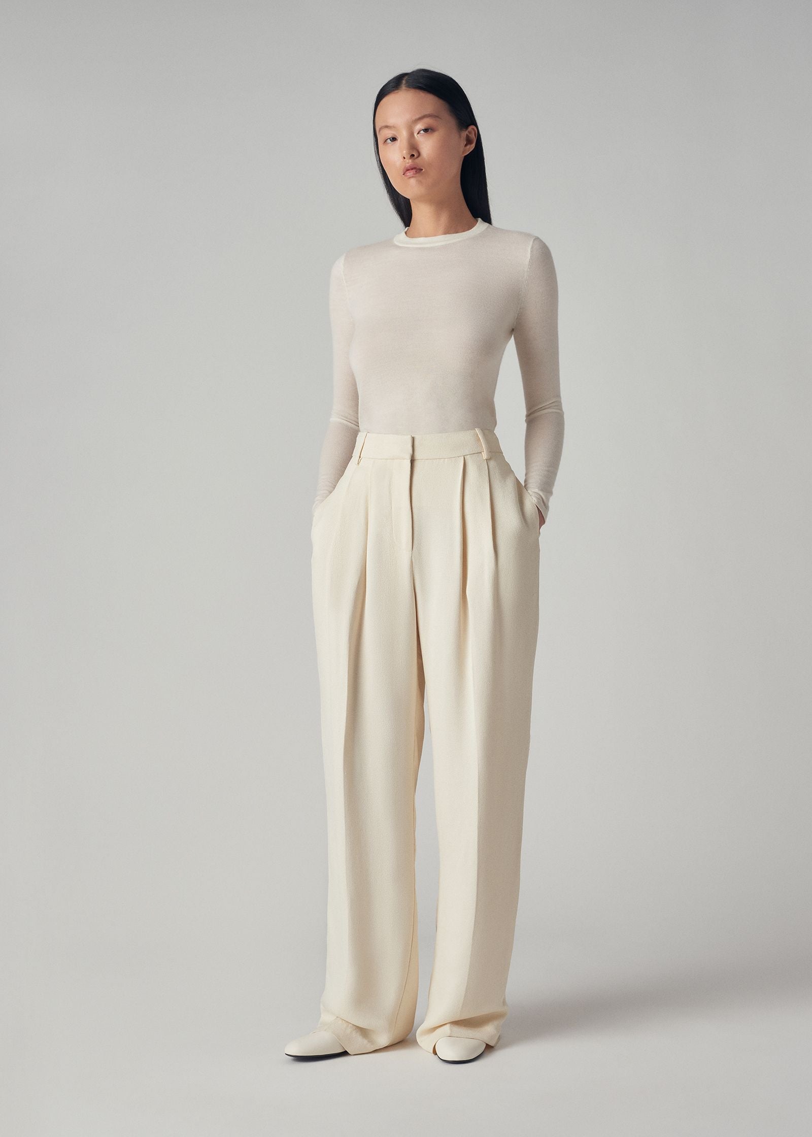 Classic Trouser in Textured Crepe - Ivory - CO Collections