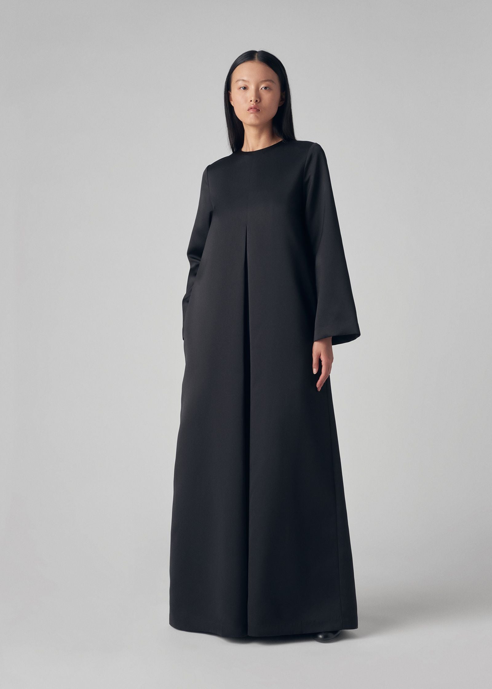 Long Sleeve Column Dress in Duchess Satin - Black - CO Collections