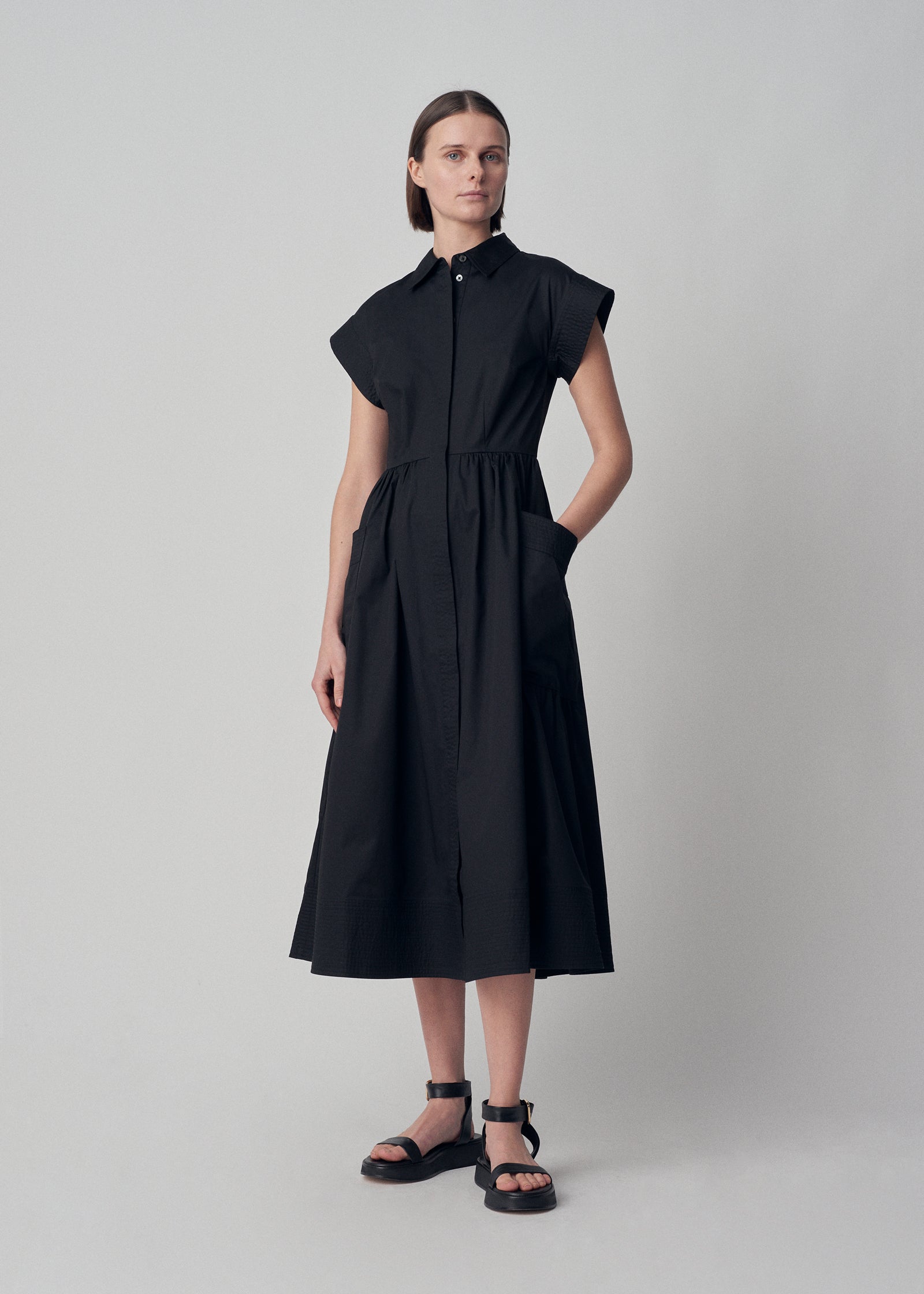 Cap Sleeve Dress in Cotton Poplin - Black - CO Collections