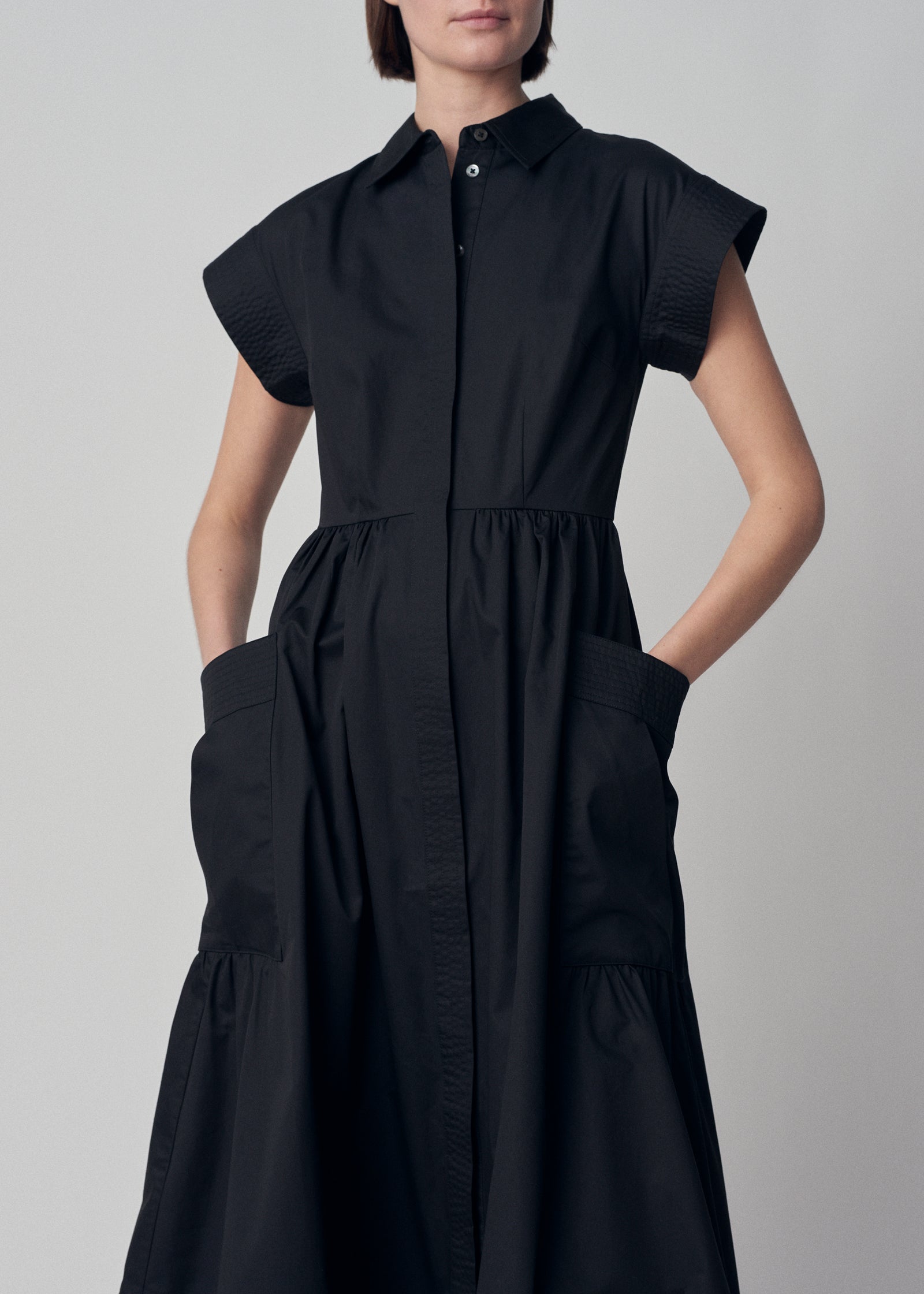 Cap Sleeve Dress in Cotton Poplin - Black - CO Collections