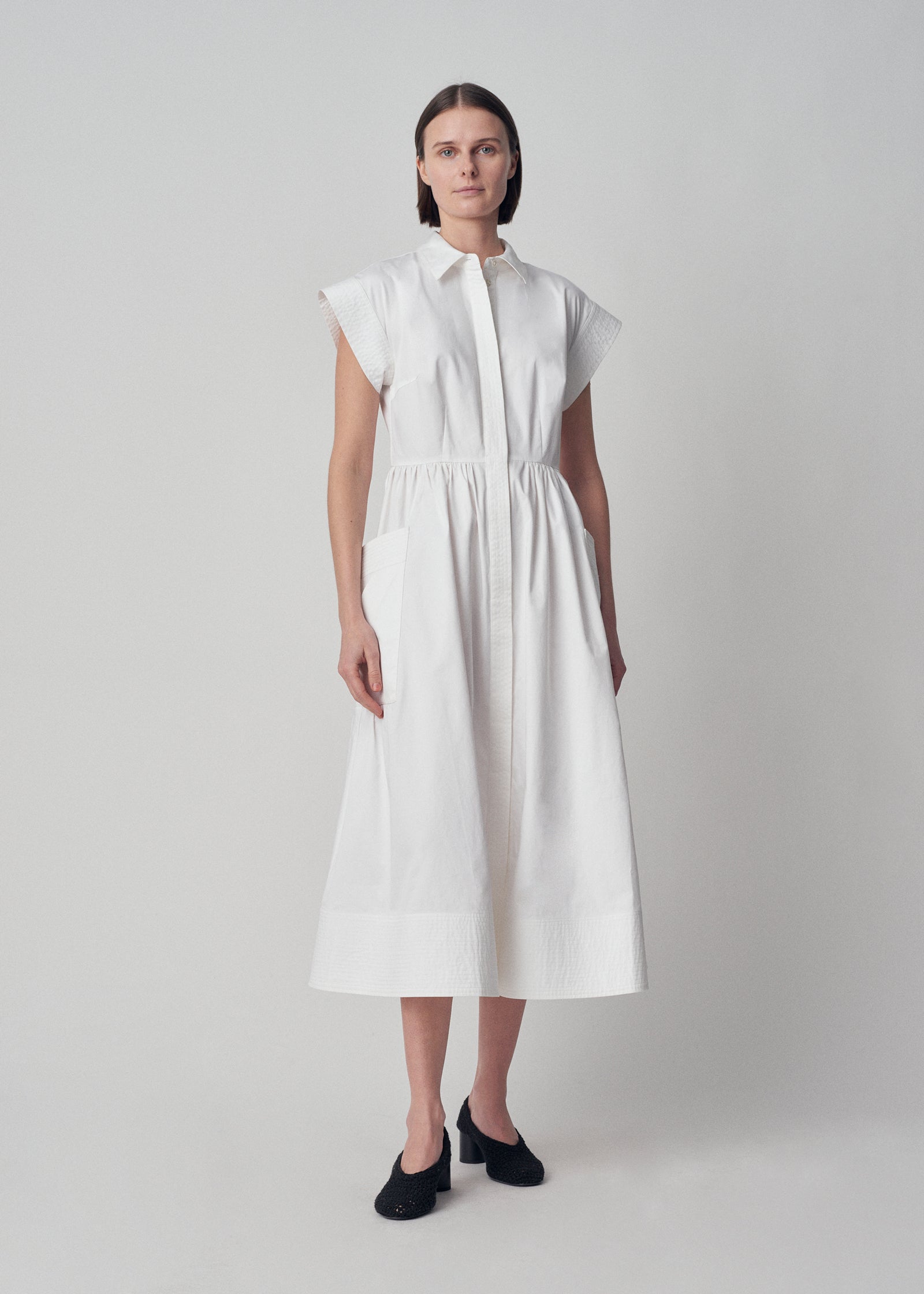 Cap Sleeve Dress in Cotton Poplin - White - CO Collections