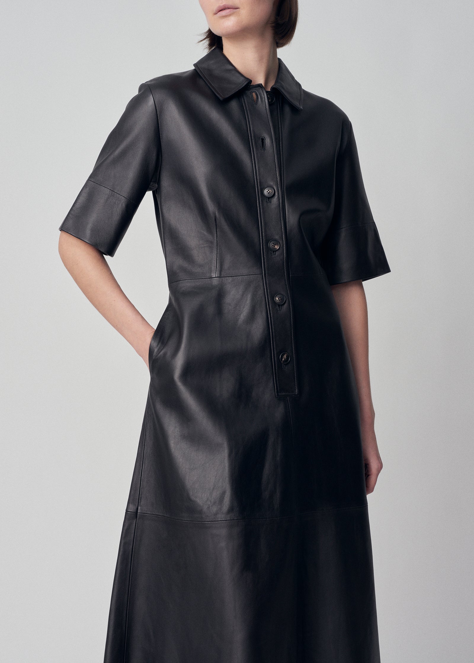 Placket Dress in Leather - Black - CO Collections