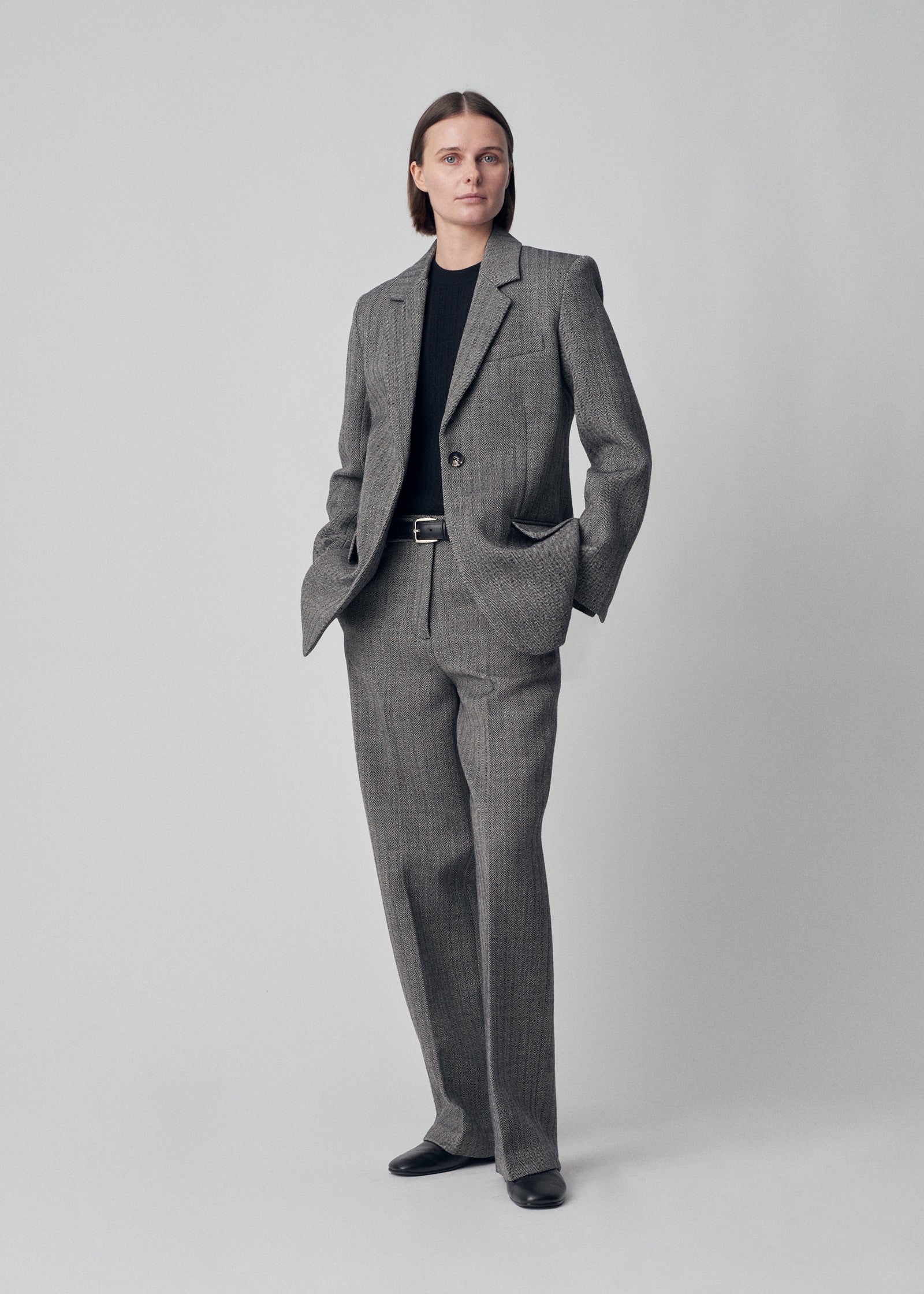 Wide Leg Trouser Pant in Virgin Wool - Black Herringbone - CO Collections