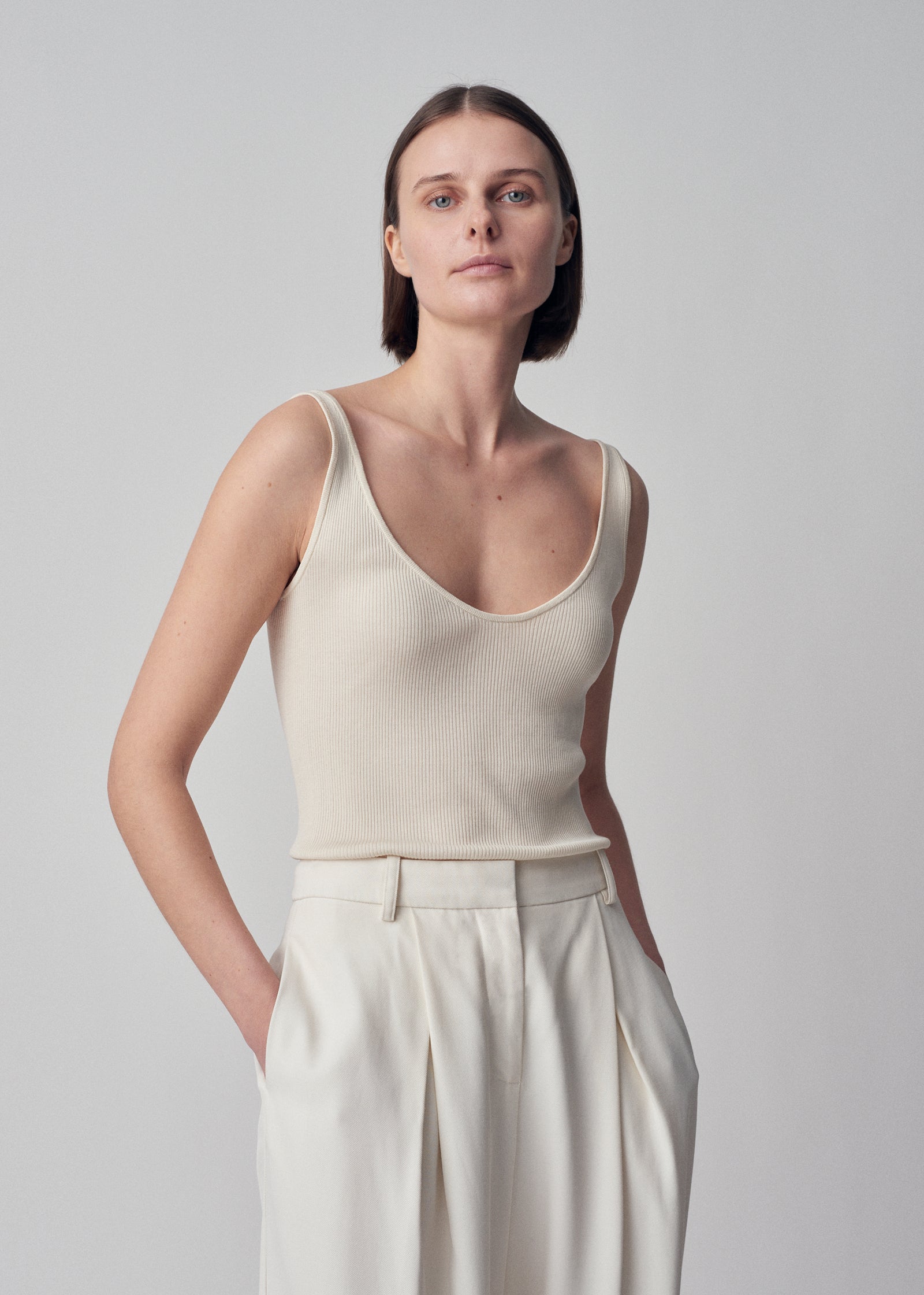 Ribbed Tank in Silk Knit - Ivory - CO Collections